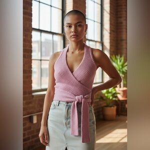 Sisley top tank knit wool Pink Sleeveless Cardigan sweater vest size M